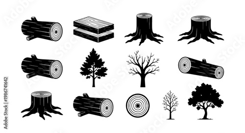 Black and white wood icons set, timber logs and tree stumps vector collection, forestry industry symbols and woodworker graphic elements