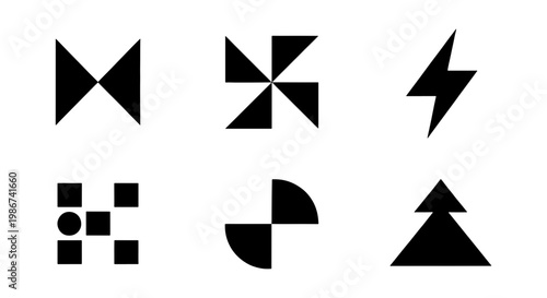 Minimalist geometric logo set, 6 black abstract vector icons, modern brutalist branding elements, simple flat shapes for corporate identity