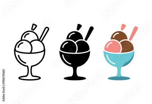 Ice cream bowl icons dessert set featuring sweet scoops wafer stick symbols for summer treat gelateria menu and snack bar design concepts