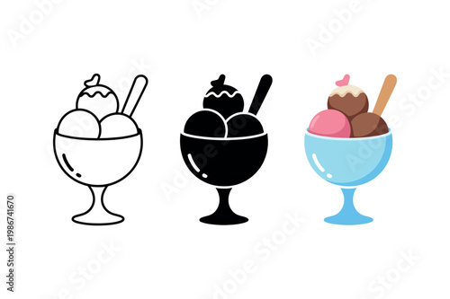 Ice cream bowl icons dessert set featuring sweet scoops wafer stick symbols for summer treat gelateria menu and snack bar design concepts