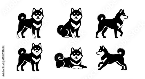 Black Shiba Inu dog vector set, Japanese dog breed silhouettes in various poses, minimalist canine character icons for pet branding and logo design