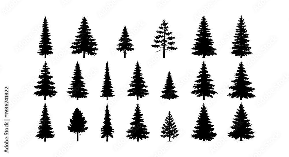 Fototapeta premium Coniferous pine tree silhouettes, set of 18 evergreen forest tree icons, black spruce and fir vector elements for outdoor landscape design