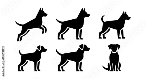 Minimalist dog silhouette icons, set of 6 black canine vector shapes, standing and jumping pet animal profiles for veterinary and pet care branding