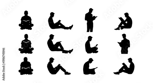 Black silhouettes of people reading books, set of 12 human figures in sitting and standing poses, library and education vector elements