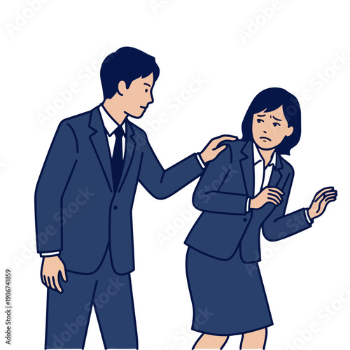 Harassed businesswoman in a suit feeling uncomfortable and scared as a businessman touches her shoulder in the office