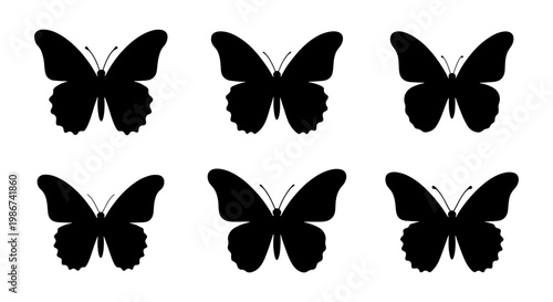 Black butterfly silhouette set, collection of 6 butterfly vector icons, minimalist insect wing shapes for graphic design and nature branding