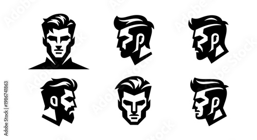 Barbershop logo icons set, masculine male head silhouettes with stylish haircuts and beards, 6 black and white vector avatars for men's grooming