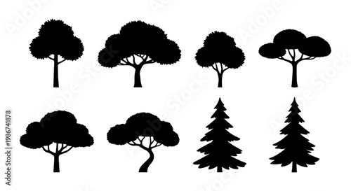 Black tree silhouette collection, 8 forest plant icons set, minimalist nature vector elements, deciduous and evergreen pine tree shapes