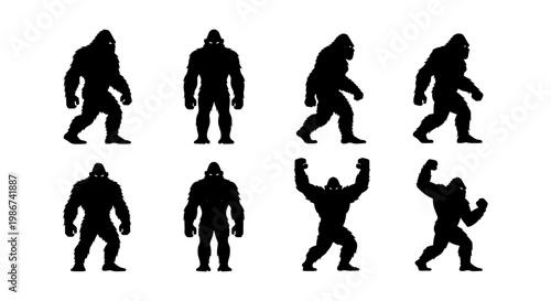 Bigfoot silhouette collection, set of 8 mythical sasquatch vector icons, black yeti creature poses, legendary forest monster character silhouettes