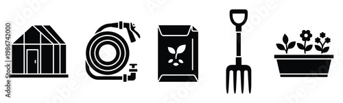 Essential gardening equipment and planting supplies symbols for horticulture presentations, agricultural businesses, and home garden enthusiasts projects