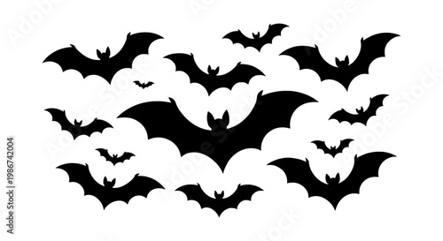 Halloween bat silhouettes set, black flying bats collection, spooky animal icons for gothic design, 12 vector elements for holiday decor