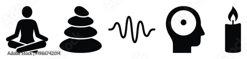 Meditation and wellness vector icons illustrating mental balance, inner peace, consciousness, and tranquility for health and spiritual applications