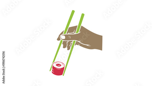 Sushi piece balanced between chopsticks in a simple style.