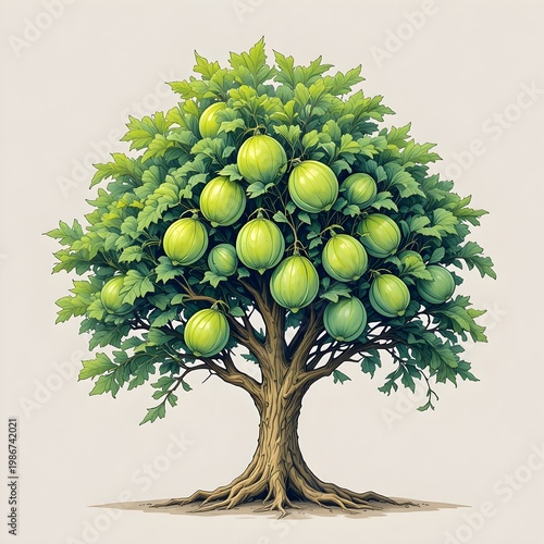 A  lush fruit tree filled with large round green fruits edible gardening healthy lifestyle