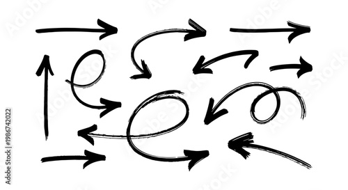 Hand drawn black arrow set, 12 sketch style pointer icons, charcoal texture directional symbols, organic ink brush strokes on white background