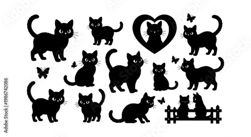 Black cat silhouette collection, cute kitten vector set with butterflies and hearts, feline animal shapes for vinyl cutting and crafting