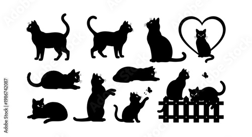 Black cat silhouette collection, 11 vector feline elements in various poses, domestic cat icons with heart and fence details for pet design