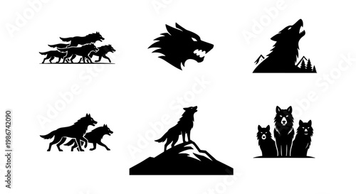 Wolf silhouette logo collection, 6 black wolf icons and wild animal symbols, howling wolf pack on mountain peak, predator mascot vector set