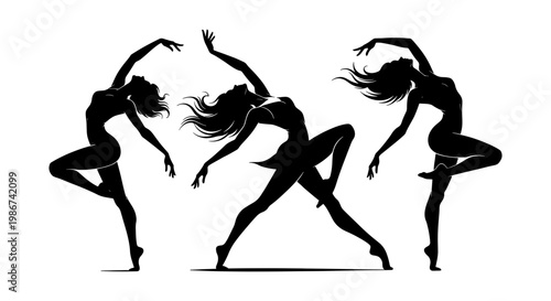 Graceful dancing women silhouettes, set of three female dancer vector illustrations, elegant ballet and contemporary dance poses on white background
