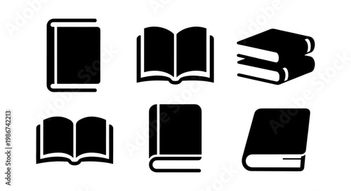Minimalist book icons set, black silhouette library symbols, collection of 6 vector book elements for education and literature design