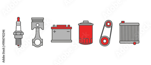Car Parts Icon Set Auto Repair Service Maintenance Symbols including spark plug, piston, battery, oil filter, timing belt and radiator for workshop, mechanical engineering and automotive industry grap