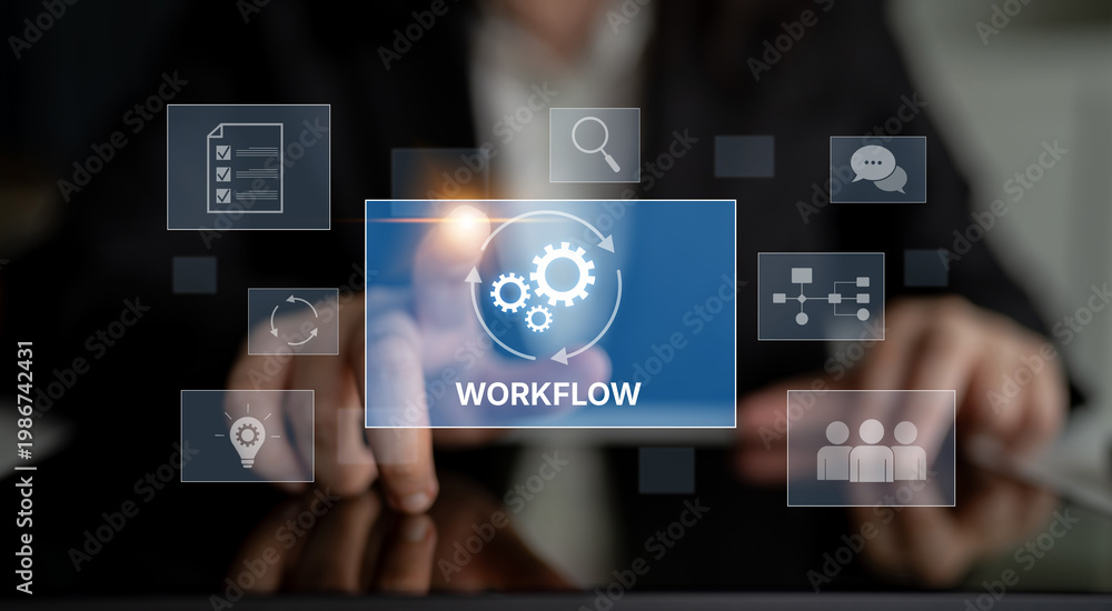 Fototapeta premium Workflow optimization concept featuring interconnected gears, task management, collaboration, process mapping, review, and automation for business productivity and efficiency Latch