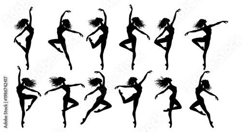 Graceful ballet dancer silhouettes set, 12 elegant female ballerina poses in black vector, contemporary dance and rhythmic gymnastics figures