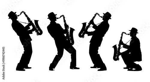 Jazz saxophone player silhouettes in various poses, musician playing sax vector set, black man with hat and brass instrument icons