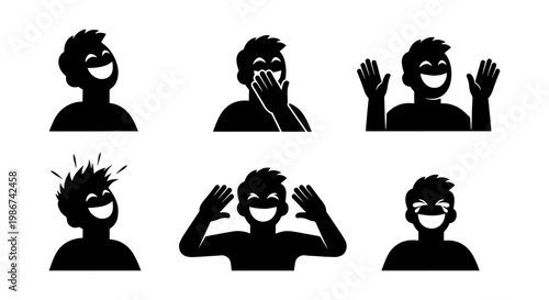 Laughing man silhouette icons set, happy male character expressions vector, collection of 6 joyful person avatars for social media and web design