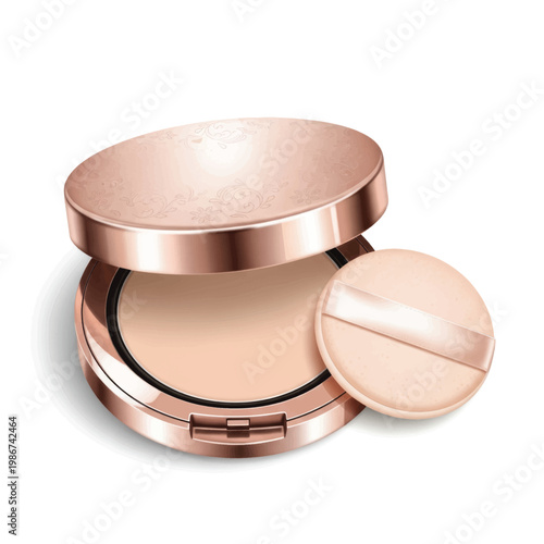 Luxurious rosegold powder compact with soft puff on a white background.