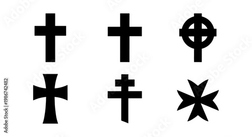 Christian cross icon set with 6 black vector silhouettes, religious crucifix symbols, spiritual church emblems for graphic design and funeral stationery