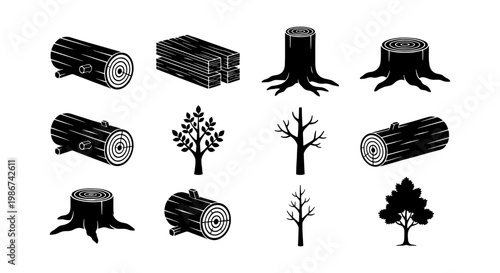 Vintage wood logs and tree stumps collection, 12 black and white timber industry icons, rustic lumberjack woodcraft vector elements
