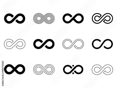 Infinity symbols icons set endless unlimited eternal loop shapes vector illustration for concept design mathematics science and abstract visuals