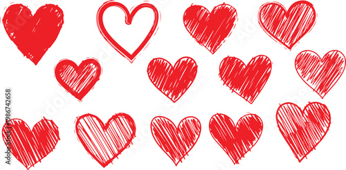 Set of Hand-Drawn Red Heart Sketches and Doodles