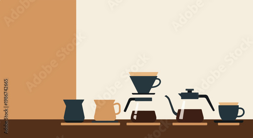 A minimalist vector illustration features various coffee brewing tools like a pour-over set, kettle, and cups arranged on a dark brown counter.