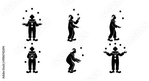 Vintage circus clown silhouettes, set of 6 juggling performer icons, black harlequin entertainer vector graphics for carnival and festival design