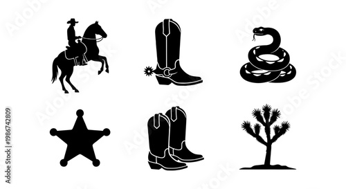 Wild West Cowboy Silhouette Icons, Set of 6 Western Vector Elements, Black Desert Symbols with Horse Rider and Boots for Logo Design