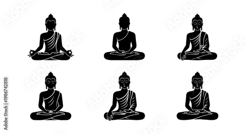 Buddha silhouette icons set, meditating monk figures in lotus pose, 6 black vector illustrations of zen spiritual statues for yoga and wellness