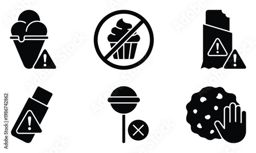 Collection of sweet food warning and prohibition glyph icons indicating dietary restrictions or health caution perfect for wellness apps infographics and educational materials