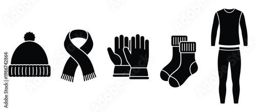 Essential black winter clothes icon set featuring warm beanie hat, cozy scarf, protective gloves, comfortable socks, and thermal underwear for cold weather preparation.