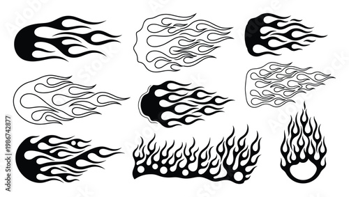 Dynamic collection of stylized flame graphics for vehicle decals, hot rod customization, racing themes, and energetic design projects requiring bold visual impact.