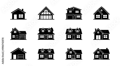 Minimalist house icon set, 12 black residential building silhouettes, modern home exterior architecture symbols for real estate and construction