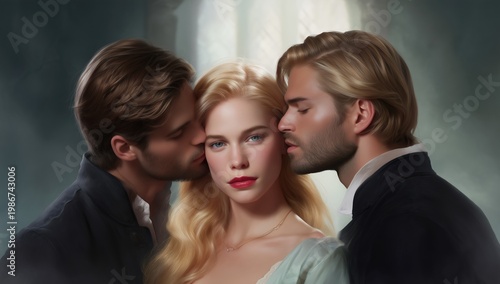 Beautiful young woman in soft light receiving kisses on both cheeks from two handsome men, symbolizing a classic love triangle, romance, and complex emotional bonds
