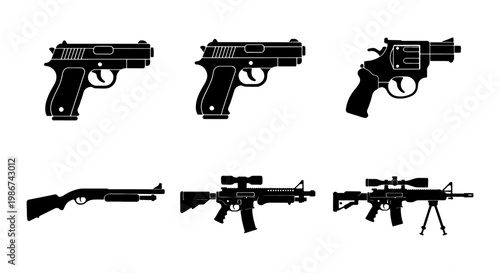 Black firearm silhouettes set, 6 gun vector icons including pistols and rifles, tactical weapon collection for gaming and security design