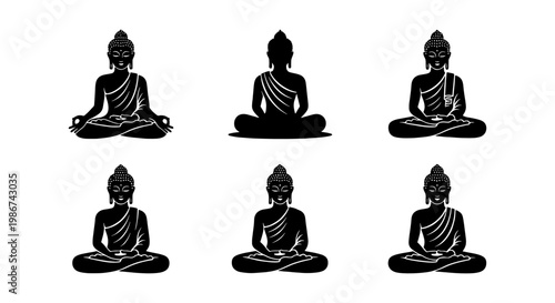 Zen Buddha silhouette icons set, 6 black meditation vector elements, spiritual yoga and mindfulness symbols for wellness branding and spa design