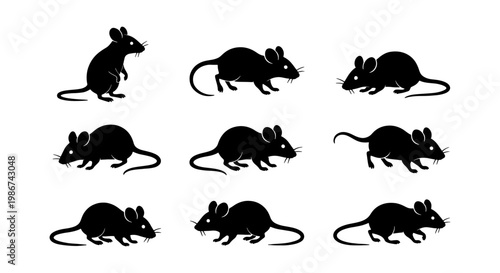 Black mouse silhouette set, collection of 9 rodent vector icons, small rat silhouettes in various poses, minimalist animal graphics for design