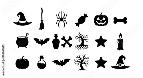 Halloween silhouette icons set, 18 spooky vector elements for holiday design, black pumpkin and witch hat illustrations on white background