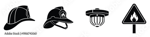 Collection of vital firefighting gear and alert symbols representing urgent safety measures and prevention for public and industrial awareness.