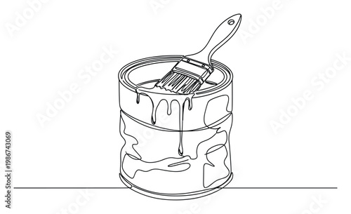 Simple continuous line drawing of a paint can filled with liquid and a brush resting inside, ideal for home renovation projects and creative service promotion.