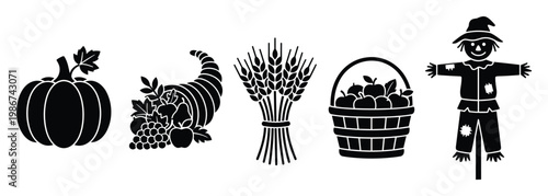 Traditional autumn harvest symbols featuring a pumpkin, cornucopia, wheat, apple basket, and friendly scarecrow, ideal for seasonal projects, Thanksgiving events, and farm themed media.